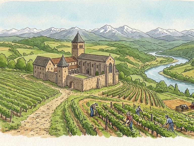 Illustration aquarelle Lacommande Béarn montrant l'église et les vignobles face aux Pyrénées, zone d'intervention piano clavecin
